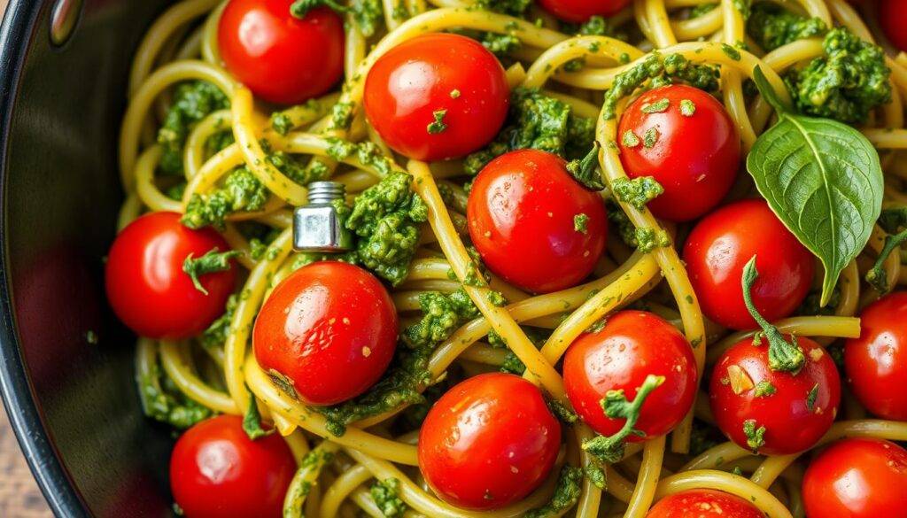 Generate an image of pesto pasta tossed with cherry tomatoes, highlighting the vibrant green of the pesto and the red of the tomatoes.