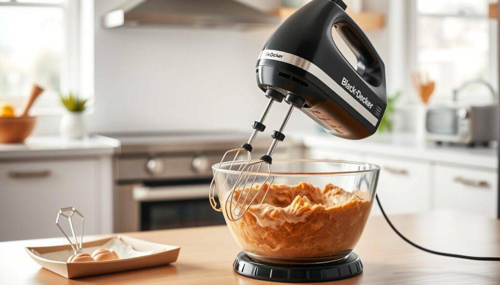 Generate an image of the Black+Decker Lightweight Hand Mixer in a kitchen setting, with mixing beaters and a bowl of cake batter.