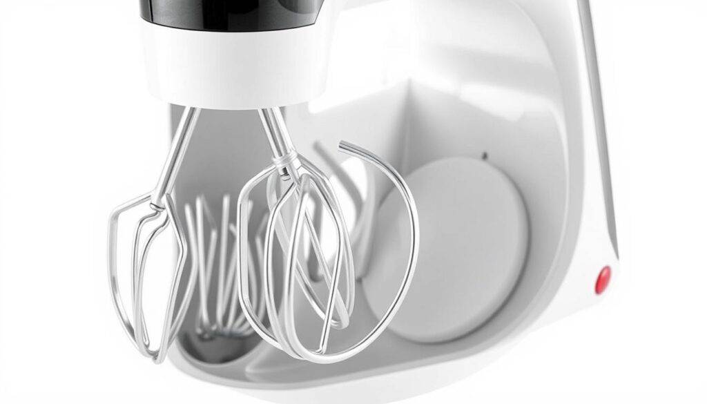 Generate an image of the Dash SmartStore Hand Mixer with its beaters stored inside the mixer body.