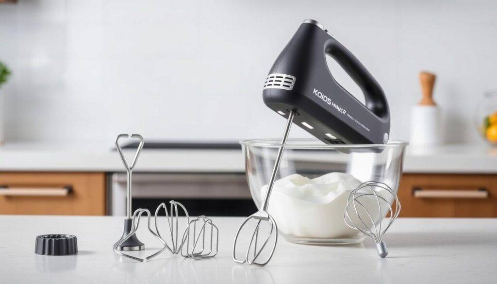 Generate an image of the KOIOS 6-Speed Hand Mixer with its attachments and a mixing bowl.