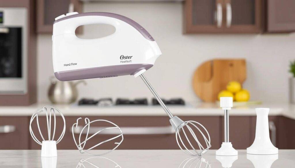 Generate an image of the Oster HeatSoft Hand Mixer budget version with its beaters and attachments.