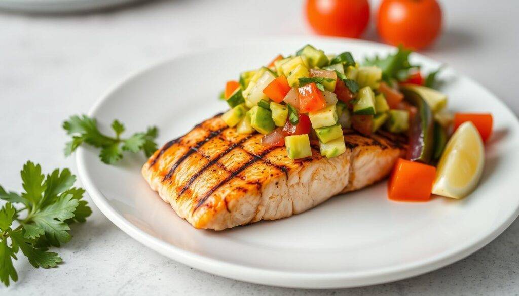 Grilled salmon fillet with avocado salsa and fresh vegetables