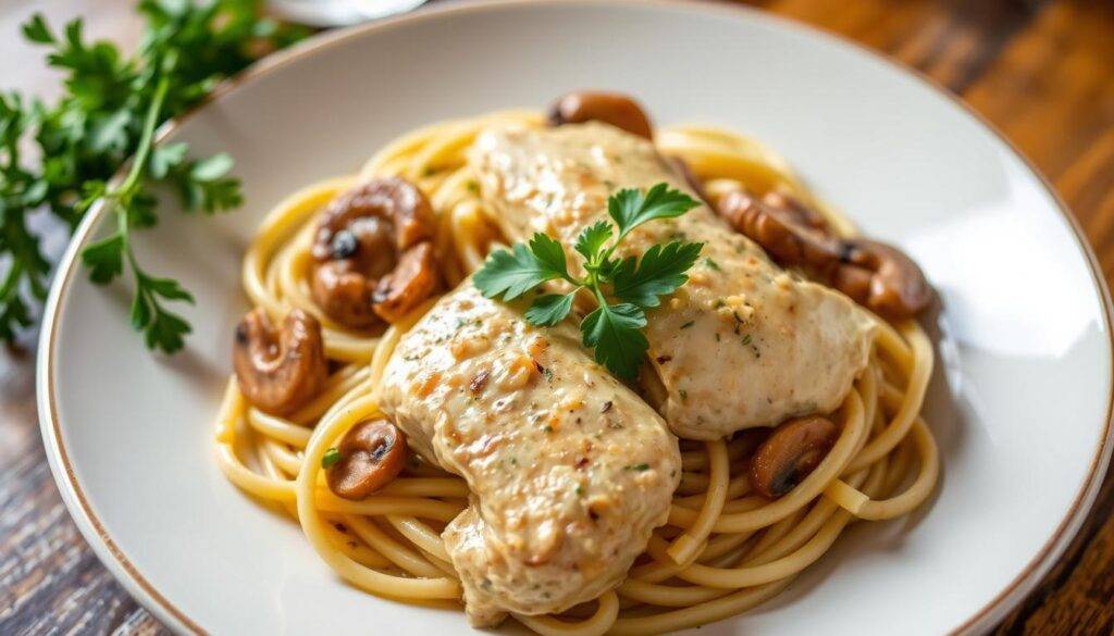 Image of Chicken Francese Pasta with chicken, mushrooms, and a creamy sauce.