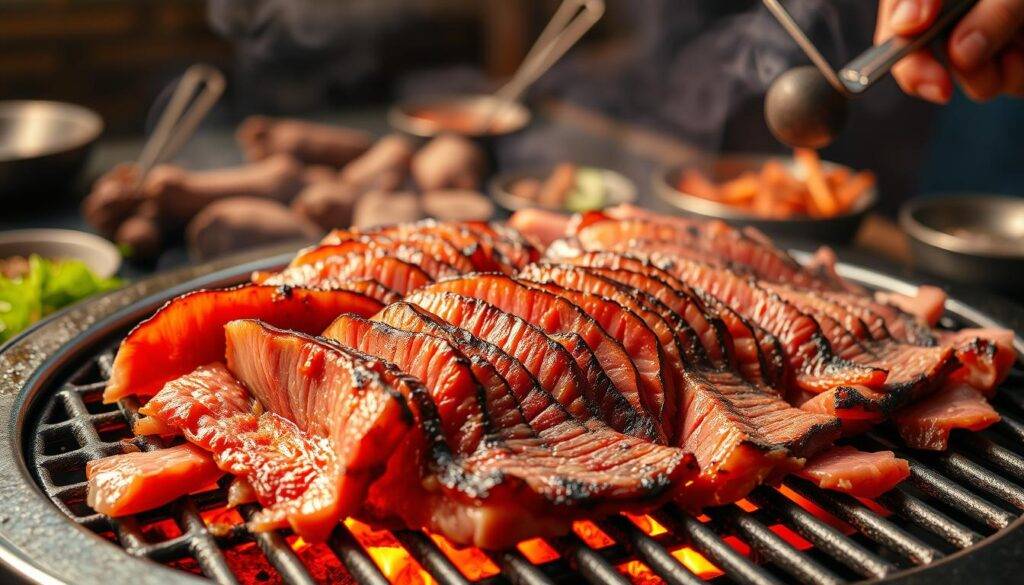 Image of Korean-style thinly sliced beef brisket being grilled
