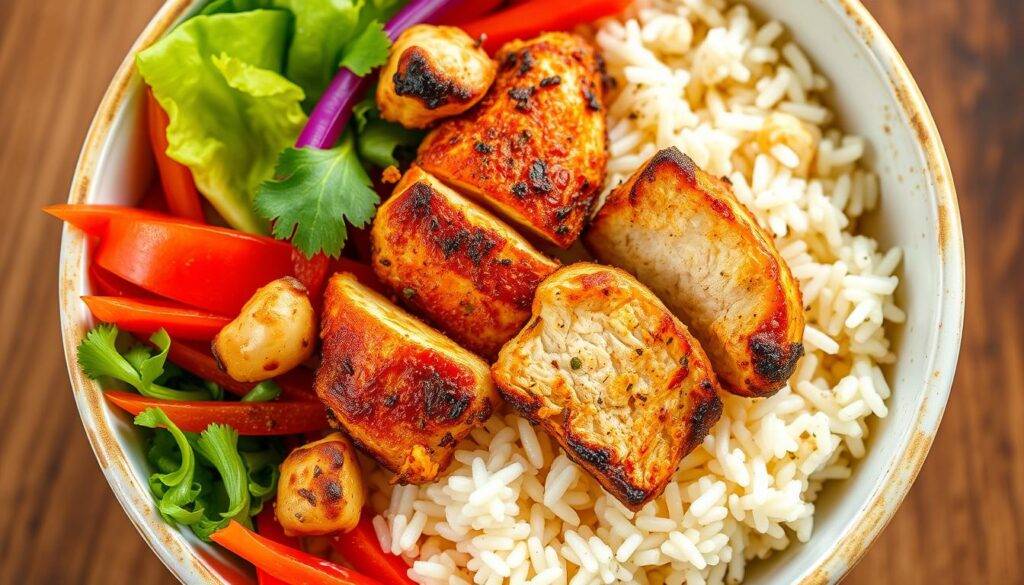 Image of a Crispy Rice Bowl with Vegetables and chicken