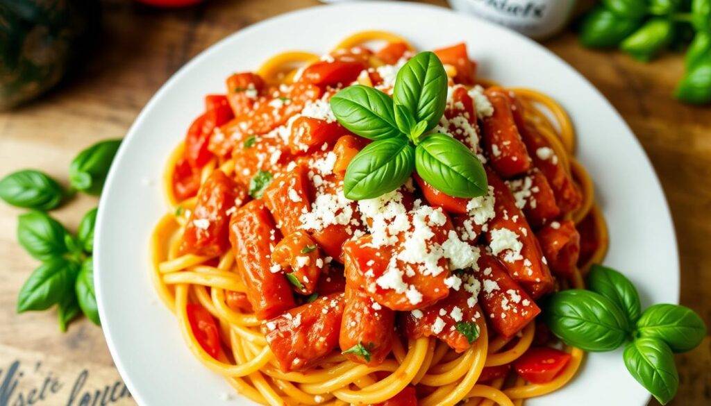 Image of a One-Pot Tomato Basil Pasta dish with a sprinkle of parmesan cheese and fresh basil.