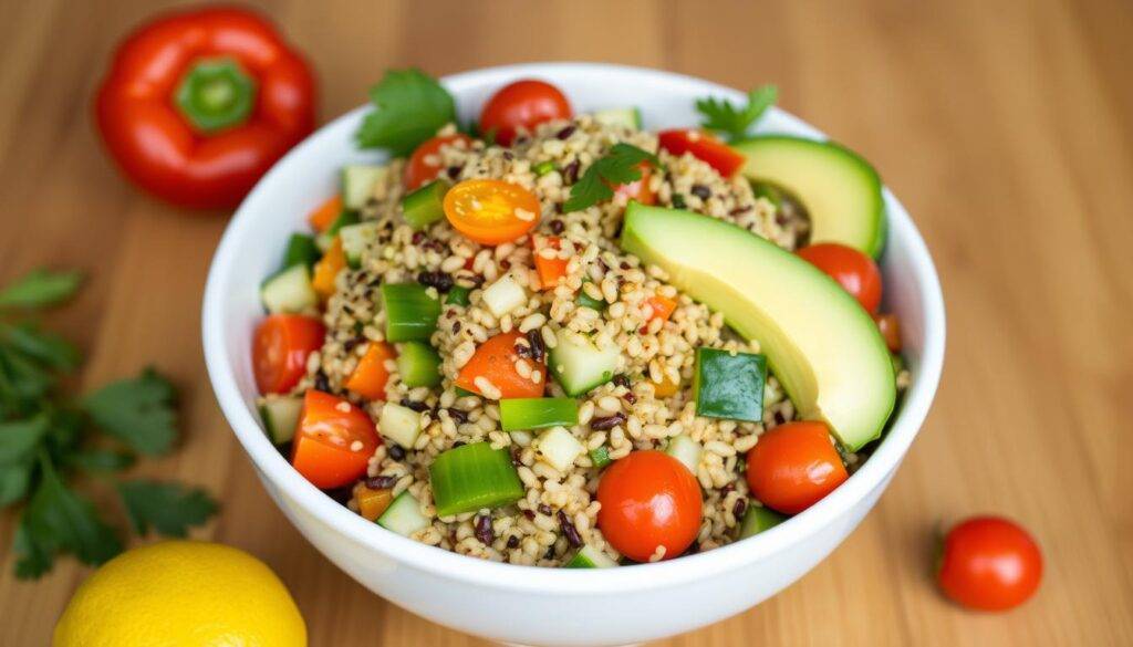 Image of a colorful quinoa salad with mixed vegetables like bell peppers, cucumbers, cherry tomatoes, and avocado.