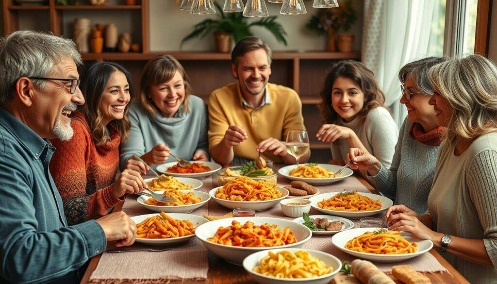 Image of a family enjoying pasta dinner together