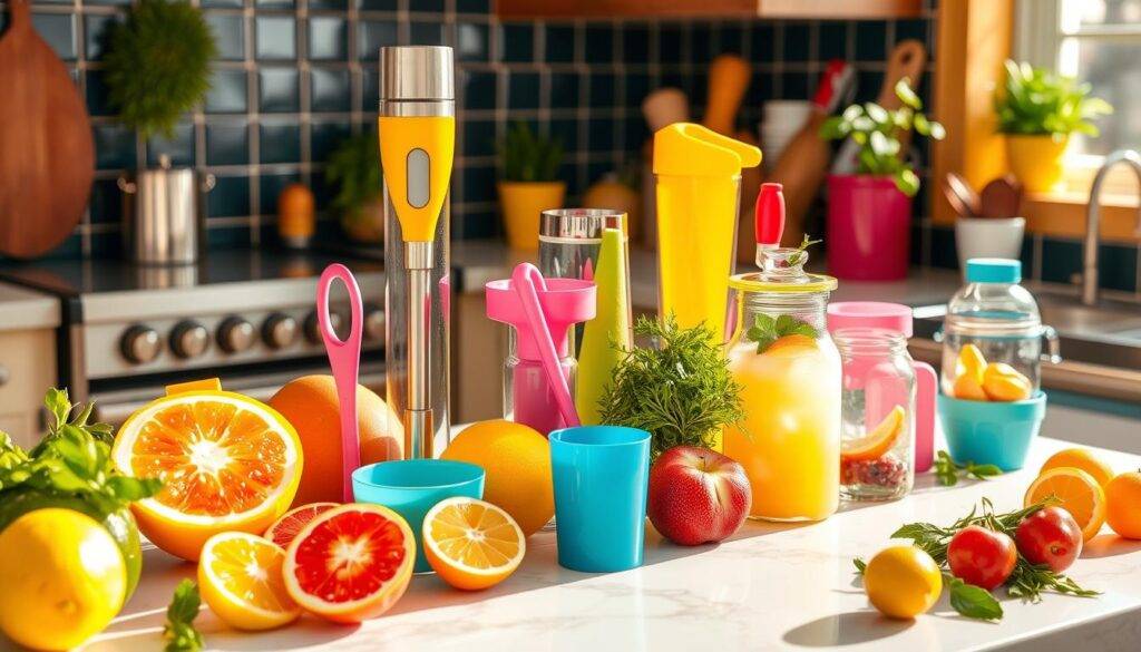 Image of a kitchen counter with various summer drink making tools