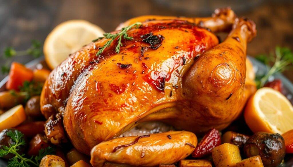 Image of a perfectly roasted whole chicken with roasted vegetables