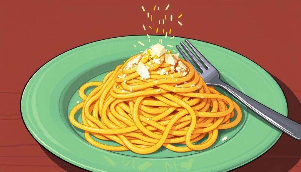 Image of a plate of Cheesy Lemon-Pepper Spaghetti with a sprinkle of parmesan cheese and lemon zest.