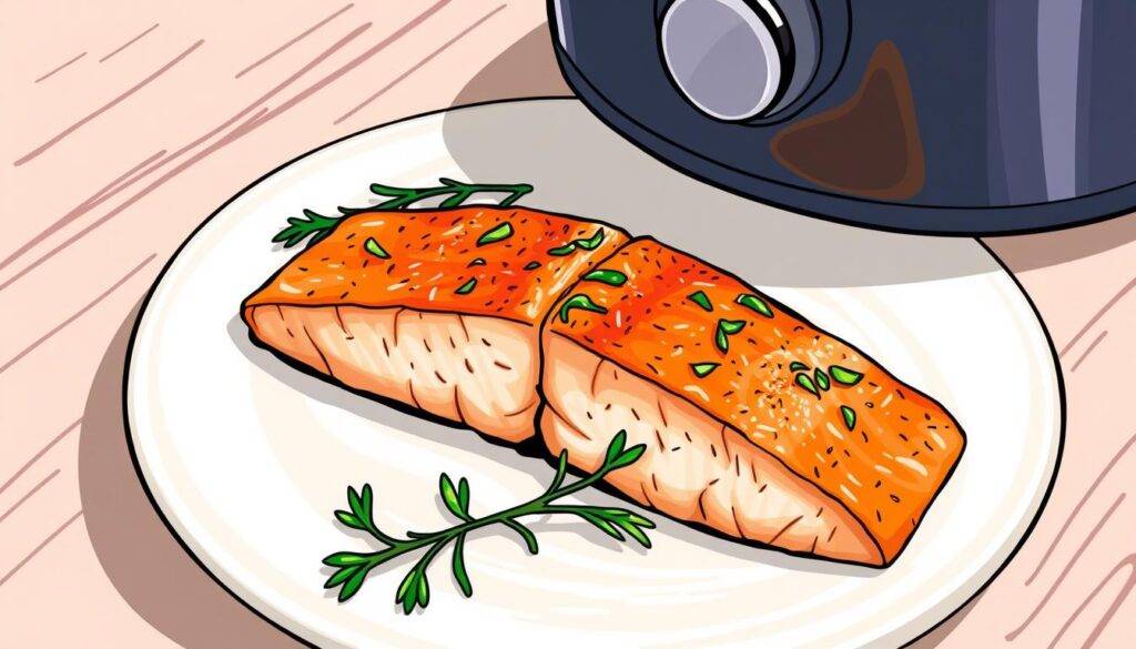 Image of a salmon fillet cooked in an air fryer with herbs