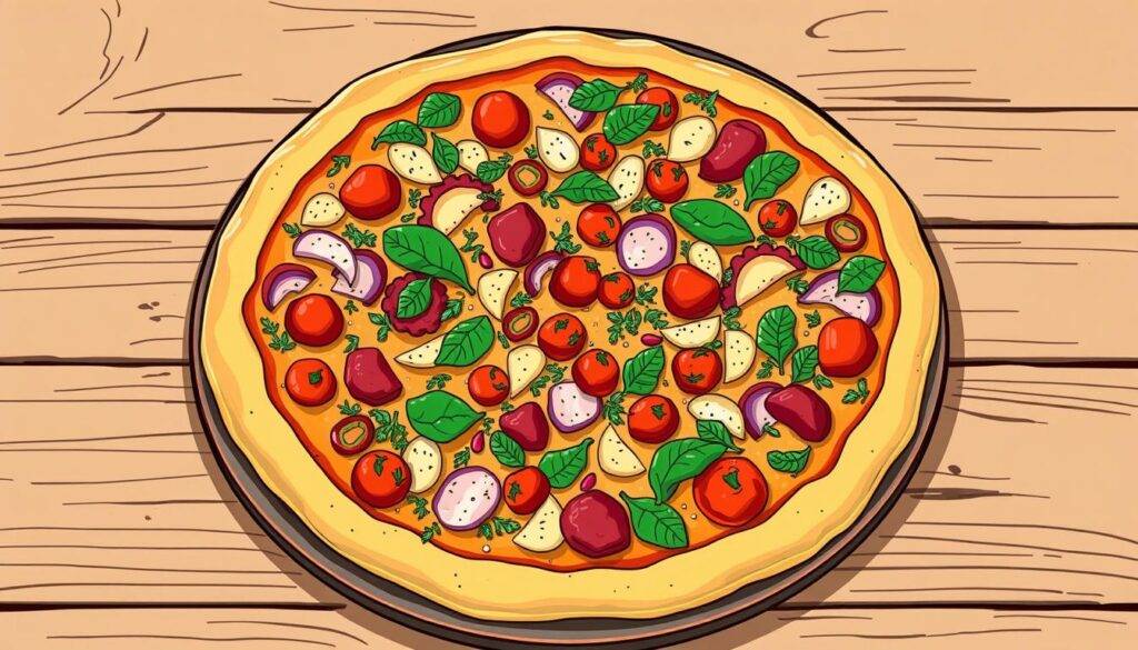 Image of a sheet pan pizza with various toppings