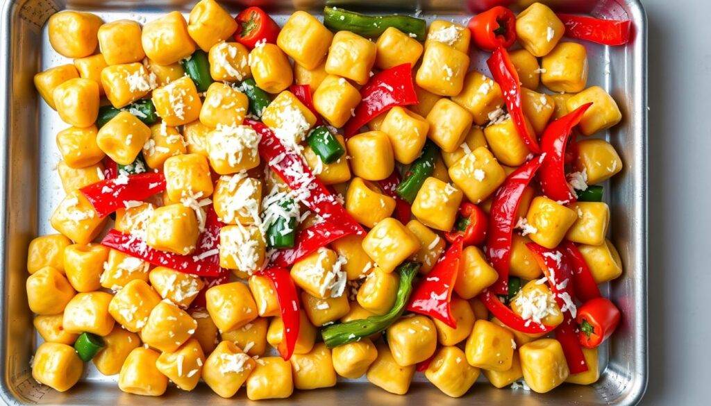 Image of a sheet pan with gnocchi, peppers, and parmesan cheese