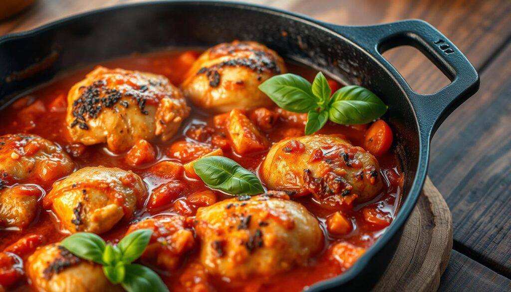 Image of a skillet with chicken and tomato sauce