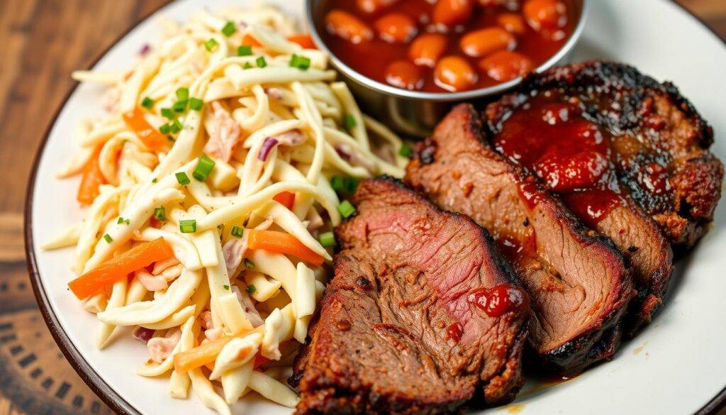 Image of a smoked beef brisket with coleslaw and baked beans