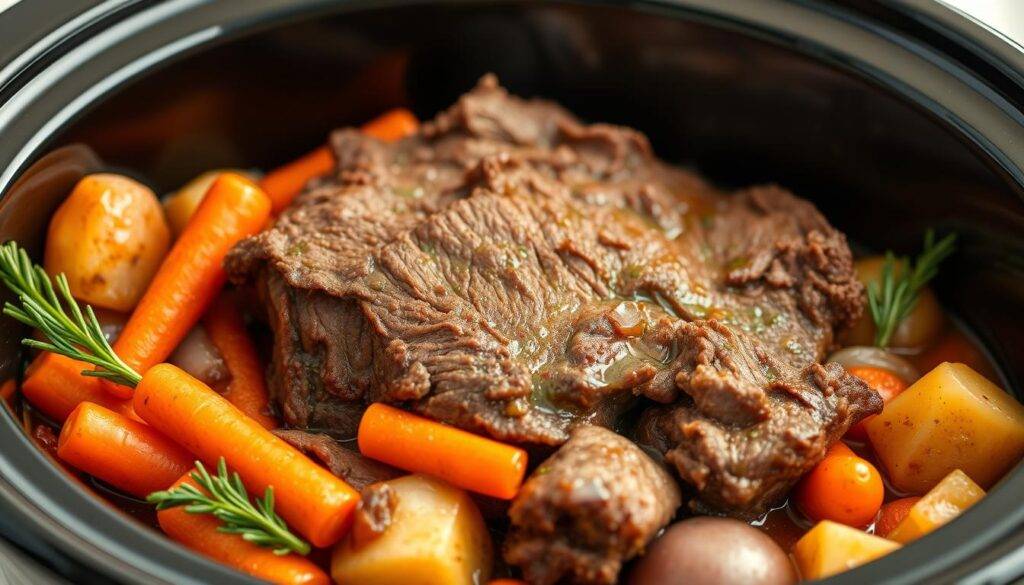 Image of a tender slow cooker pot roast with carrots, onions, and potatoes