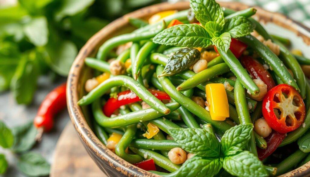 Image of a vibrant green bean pasta salad with red wine vinegar, lemon juice, mint, and Peppadew peppers.
