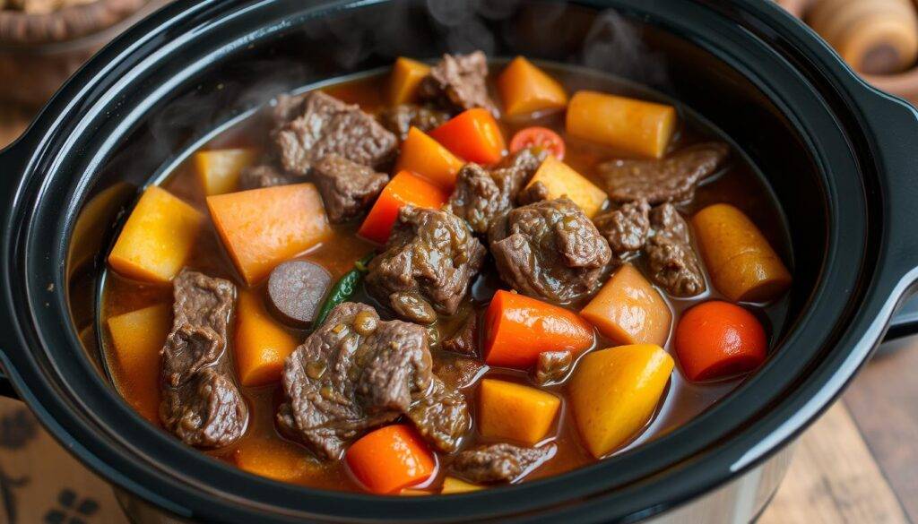 Image of beef stew with root vegetables in a slow cooker