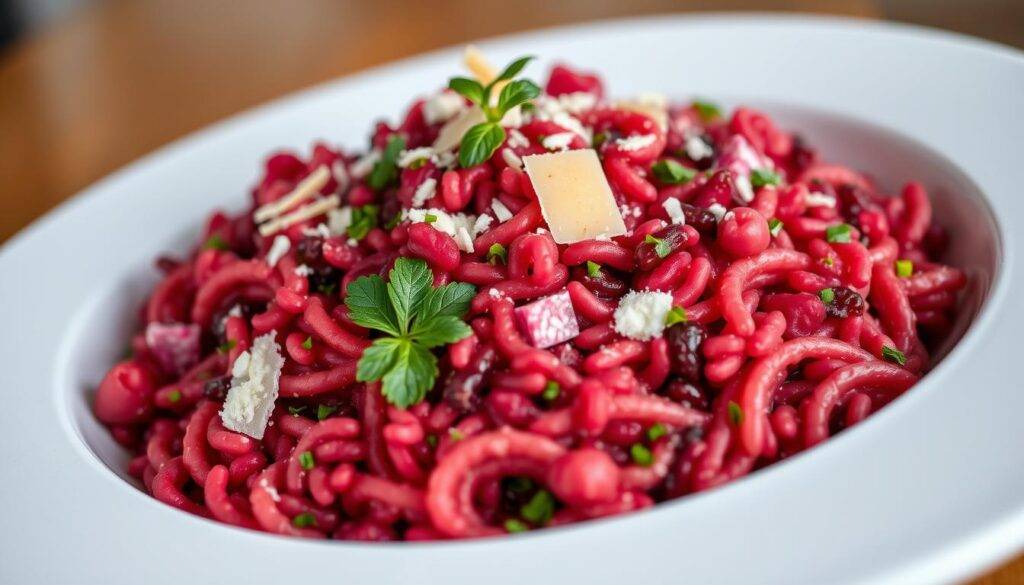 Image of beet orzotto in a serving dish