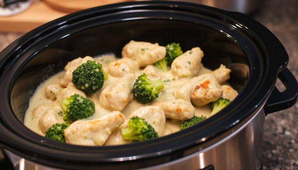 Image of chicken and broccoli alfredo in a slow cooker