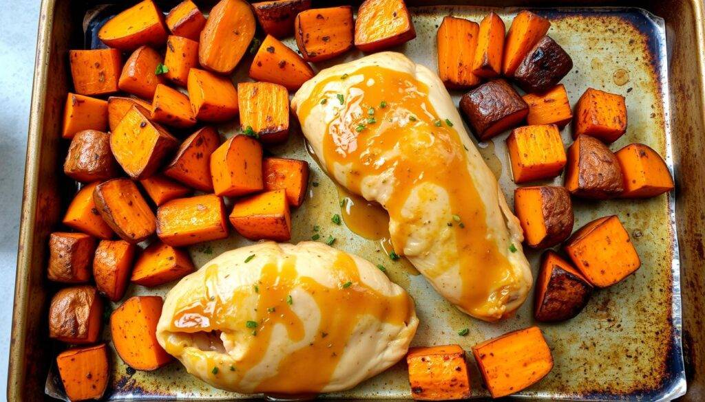Image of honey garlic chicken with roasted sweet potatoes on a sheet pan