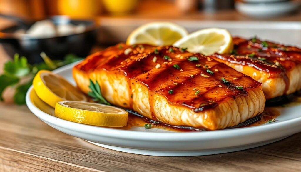 Image of honey garlic salmon fillets baked in the oven with a glaze of honey, soy sauce, garlic, and lemon juice.