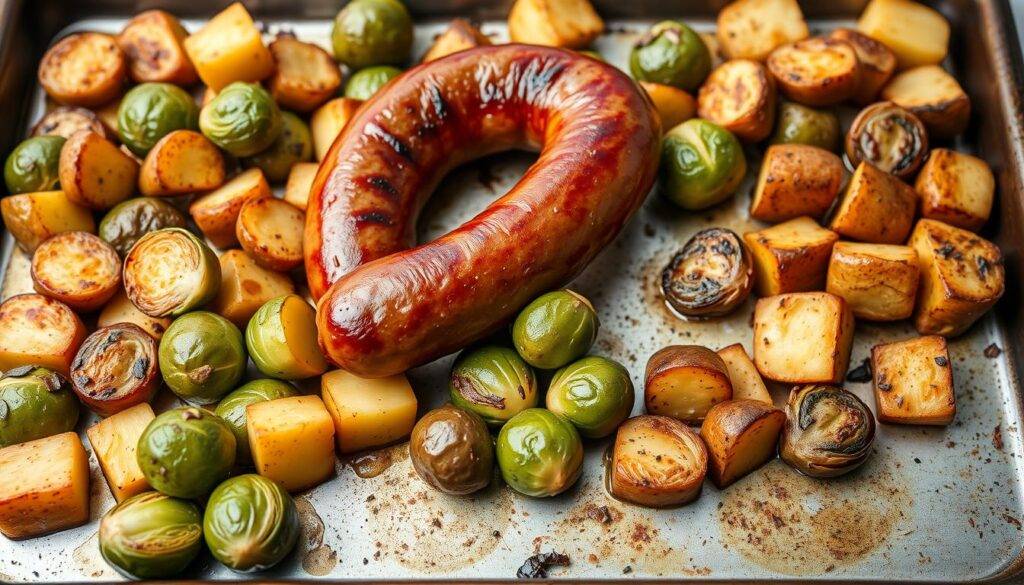 Image of sausage with roasted Brussels sprouts and potatoes on a sheet pan
