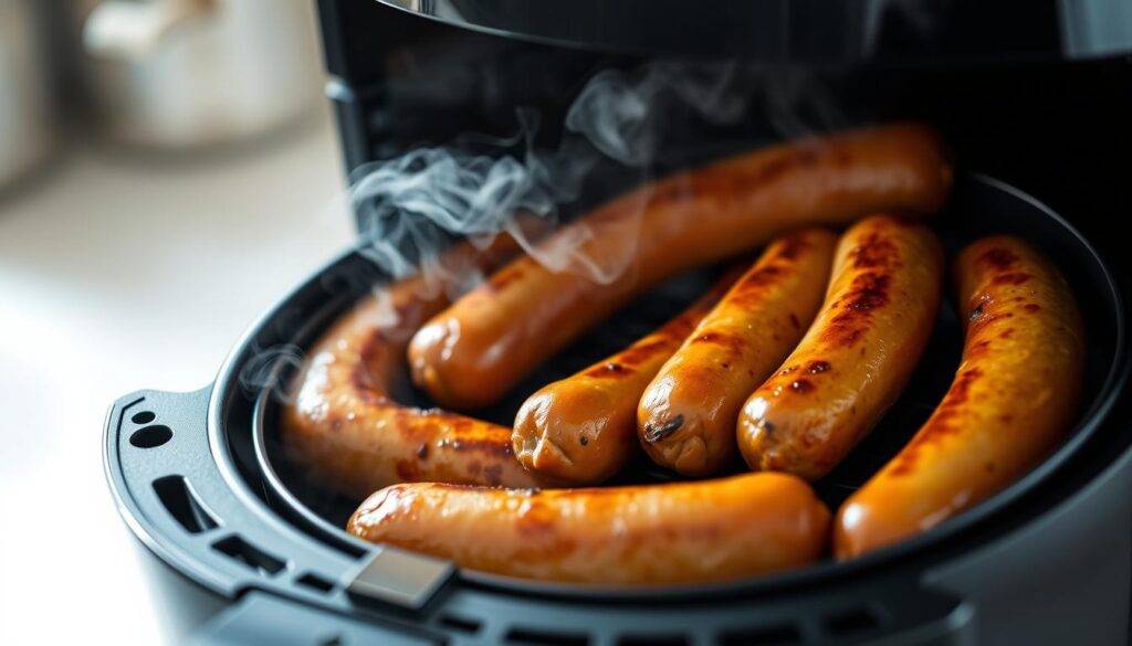 Image of sausages cooking in an air fryer