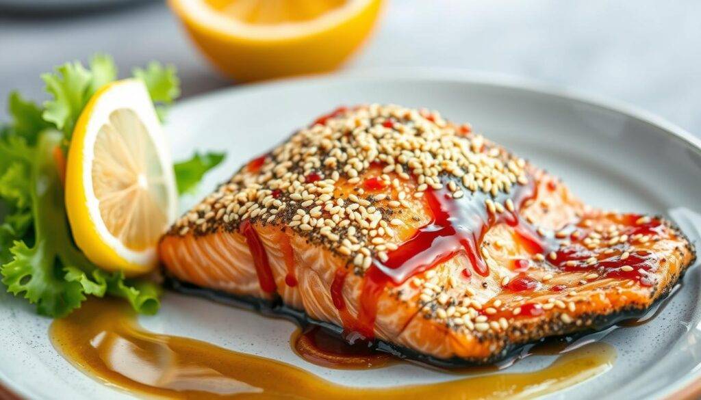 Image of sesame-crusted miso salmon with a glaze of miso, mayonnaise, and mirin.