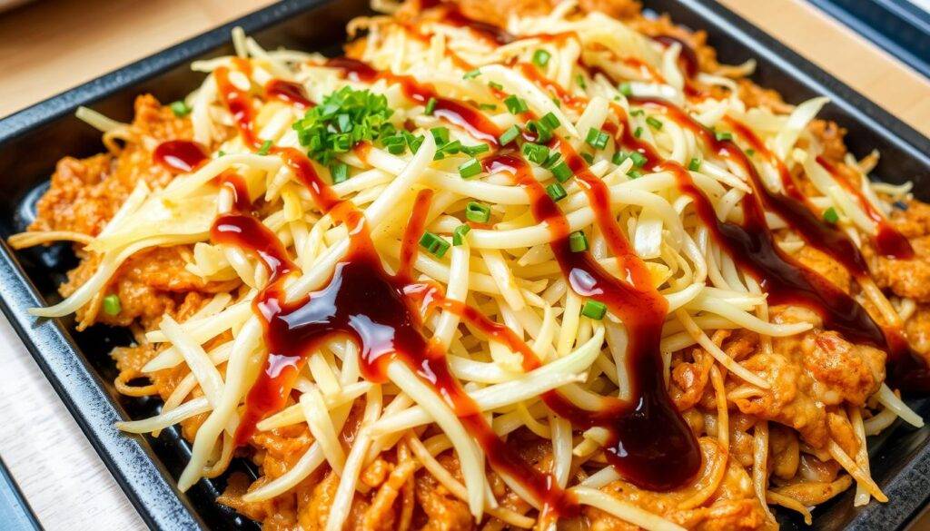 Image of sheet pan okonomiyaki with shredded cabbage and sauce