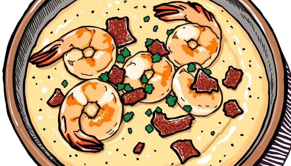 Image of shrimp and grits in a bowl, topped with cajun-spiced shrimp and crispy bacon.