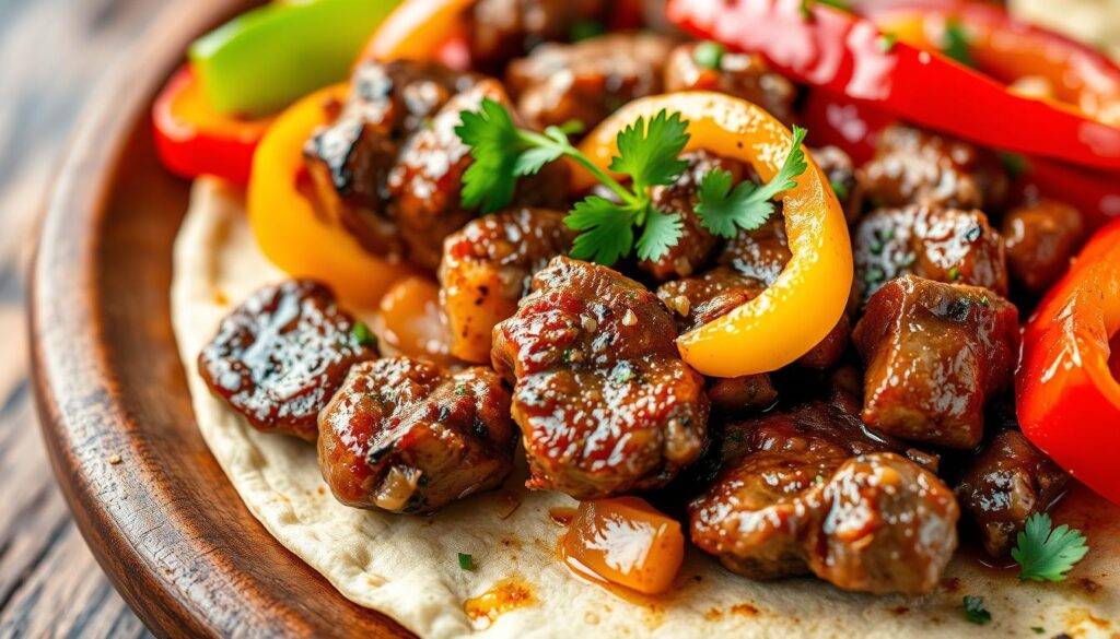 Image of steak fajitas with bell peppers