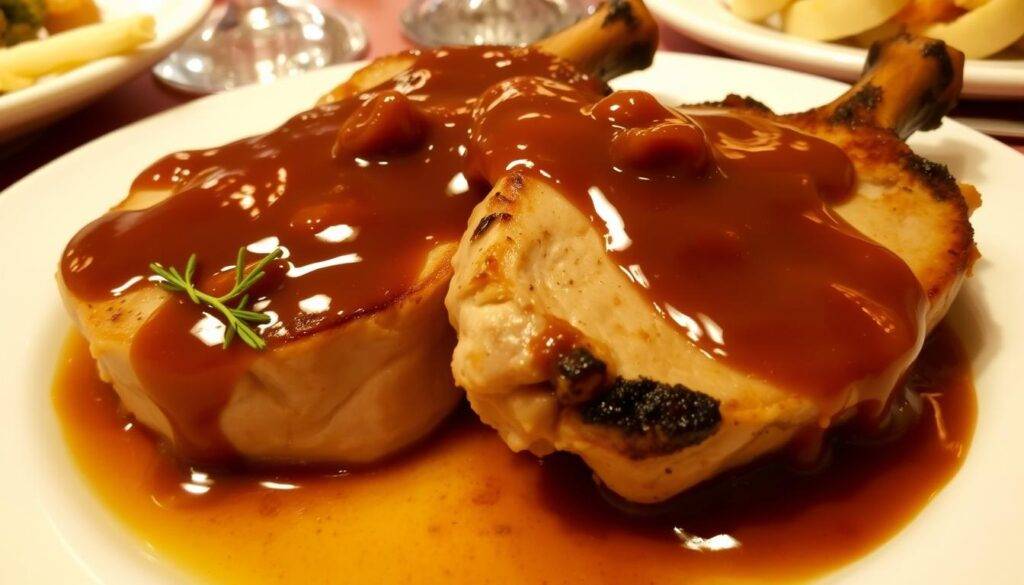 Image of tender pork chops served with a delicious gravy