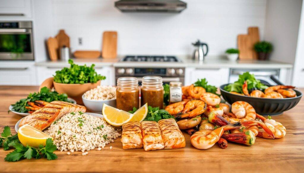 Seafood meal prep on a wooden table, featuring a variety of fresh, high-quality ingredients. In the foreground, expertly prepared portions of grilled salmon, seared scallops, and steamed shrimp, neatly arranged with a side of quinoa and roasted vegetables. The middle ground showcases an assortment of fresh herbs, lemon wedges, and a small glass jar of a tangy, homemade sauce. In the background, a minimalist, well-lit kitchen setting with stainless steel appliances and a touch of greenery. The overall mood is clean, healthy, and visually appealing, inviting the viewer to envision a delicious and nutritious seafood-based meal prep. Branding: "Food Recipes Deal".