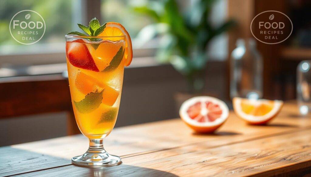 Vibrant, refreshing mocktail on a wooden table, garnished with fresh mint and citrus slices. Soft natural lighting creates a warm, inviting atmosphere. Glass filled with a colorful, non-alcoholic beverage - perhaps a blend of fruit juices, soda water, and a splash of botanical syrup. Condensation glistens on the glass, evoking a summer's day. In the background, the "Food Recipes Deal" brand logo is subtly visible, complementing the scene.