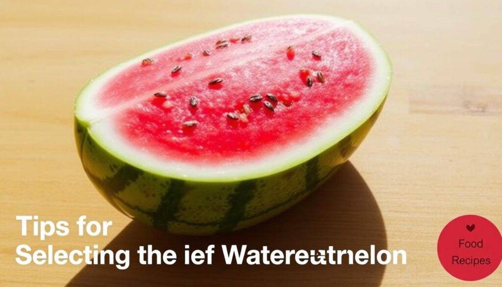 Watermelon, sliced in half, resting on a wooden surface. Vibrant green rind, crimson flesh with black seeds scattered throughout. Sunlight casts a warm glow, highlighting the melon's natural lustre. A crisp, clean backdrop allows the watermelon to take center stage. The image conveys a sense of freshness and juiciness, perfect for the "Tips for Selecting the Perfect Watermelon" section. Branded as "Food Recipes Deal".