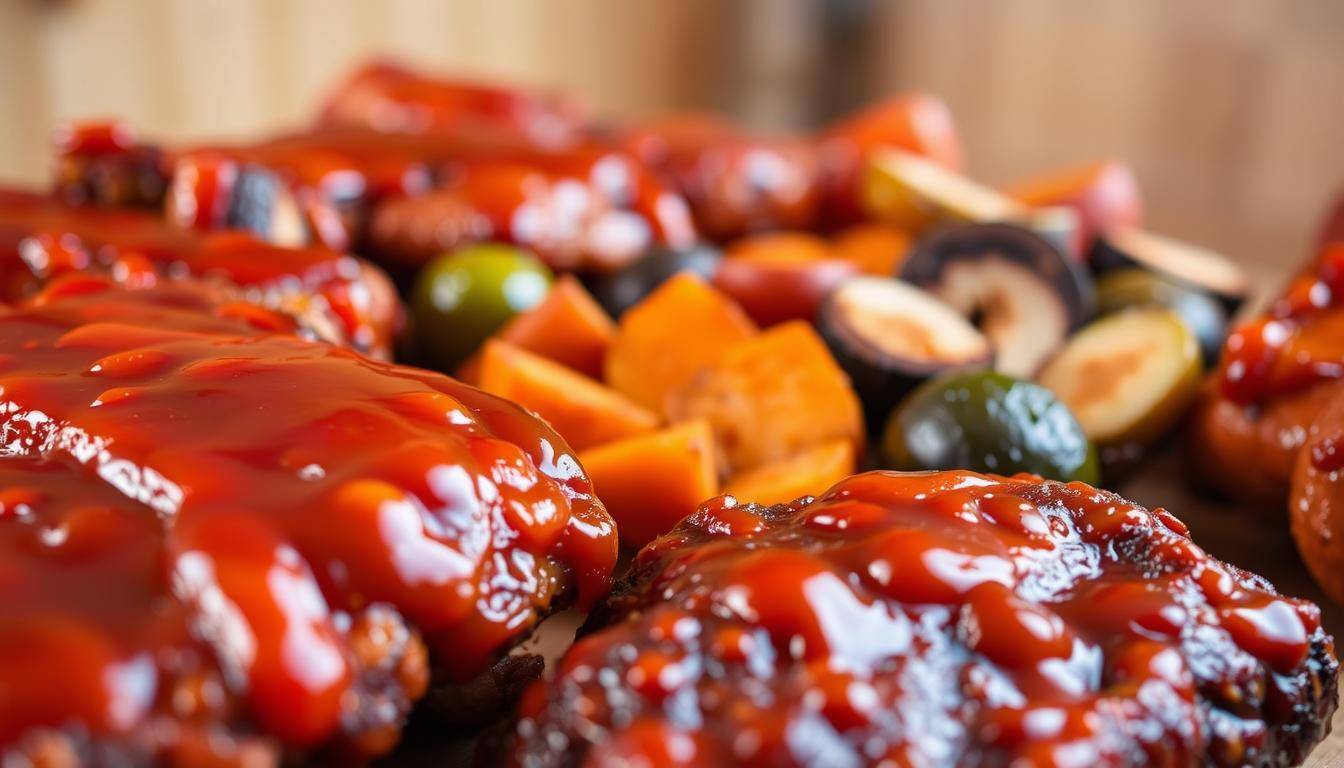 A close-up view of various food items coated in a glossy, golden-amber honey BBQ sauce. In the foreground, fresh pork ribs and chicken wings are glistening with the sticky, caramelized sauce. The middle ground features roasted sweet potatoes, Brussels sprouts, and sliced mushrooms, all generously drizzled with the &quot;Food Recipes Deal&quot; honey BBQ sauce. The background has a softly blurred, warm-toned kitchen setting, suggesting a home-cooked meal. Soft, diffused lighting casts a inviting glow on the saucy, appetizing scene. The overall mood is mouthwatering and comforting.