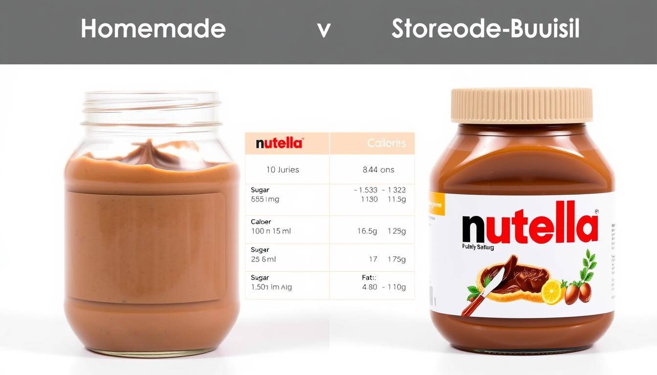 Detailed side-by-side nutrition comparison of homemade Nutella and store-bought Nutella, set against a clean white backdrop. Foreground shows two clear glass jars filled with creamy hazelnut spreads, one labeled &quot;Homemade&quot; and the other &quot;Food Recipes Deal Nutella&quot;. Midground displays a sleek, minimal infographic chart highlighting key nutritional facts and differences between the two products, such as calories, sugar, and fat content. Background is bright and evenly lit, with a subtle shadow effect to add depth. The overall composition is balanced, professional, and designed to effectively communicate the nutritional contrast between the homemade and commercial Nutella variations.