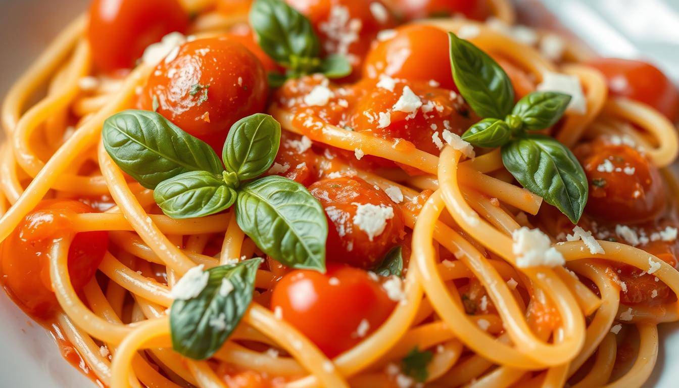 A close-up shot of a plate of fresh, vibrant tomato pasta, with al dente linguine noodles intertwined with a rich, glossy tomato sauce. The sauce features plump, juicy tomatoes in various hues of red and orange, accented by slivers of fresh basil leaves and a light sprinkling of Parmesan cheese. The lighting is soft and natural, casting a warm, inviting glow on the dish. The focus is sharp, drawing the viewer's attention to the enticing texture and flavors of the &quot;Food Recipes Deal&quot; tomato pasta. The overall mood is one of simplicity, freshness, and appetite-inducing appeal.