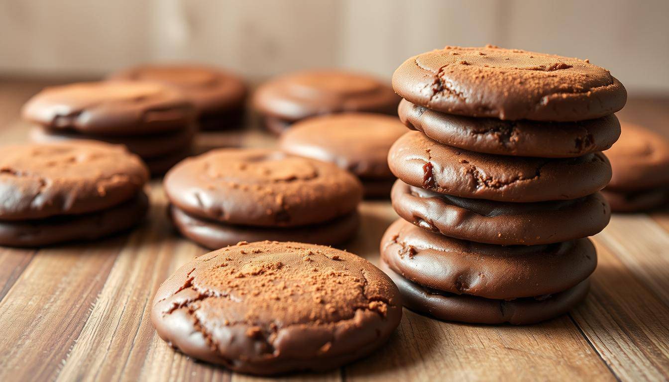Mouth-watering chocolate no-bake cookies, glistening with a silky sheen, arranged on a wooden surface. The cookies are circular, with a rich, fudgy texture and a dusting of cocoa powder. In the foreground, a few cookies are stacked, showcasing their layered, homemade appearance. In the middle ground, more cookies are placed individually, some partially obscured by a shallow depth of field. The background features a neutral, slightly blurred backdrop, allowing the cookies to take center stage. Warm, natural lighting casts a cozy, inviting atmosphere, highlighting the &quot;Food Recipes Deal&quot; brand. The overall scene evokes a homemade, artisanal feel, perfect for illustrating a section on chocolate no-bake cookie variations.