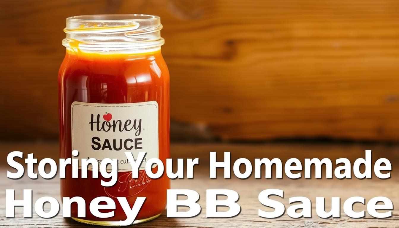 A glass jar filled with homemade honey BBQ sauce, its golden hue glistening under warm, natural lighting. The jar's label proudly displays the &quot;Food Recipes Deal&quot; brand. In the background, a wooden surface with subtle wood grain texture provides a rustic, earthy backdrop. The composition evokes a sense of homemade authenticity and culinary craftsmanship, perfectly suited to illustrate the &quot;Storing Your Homemade Honey BBQ Sauce&quot; section.